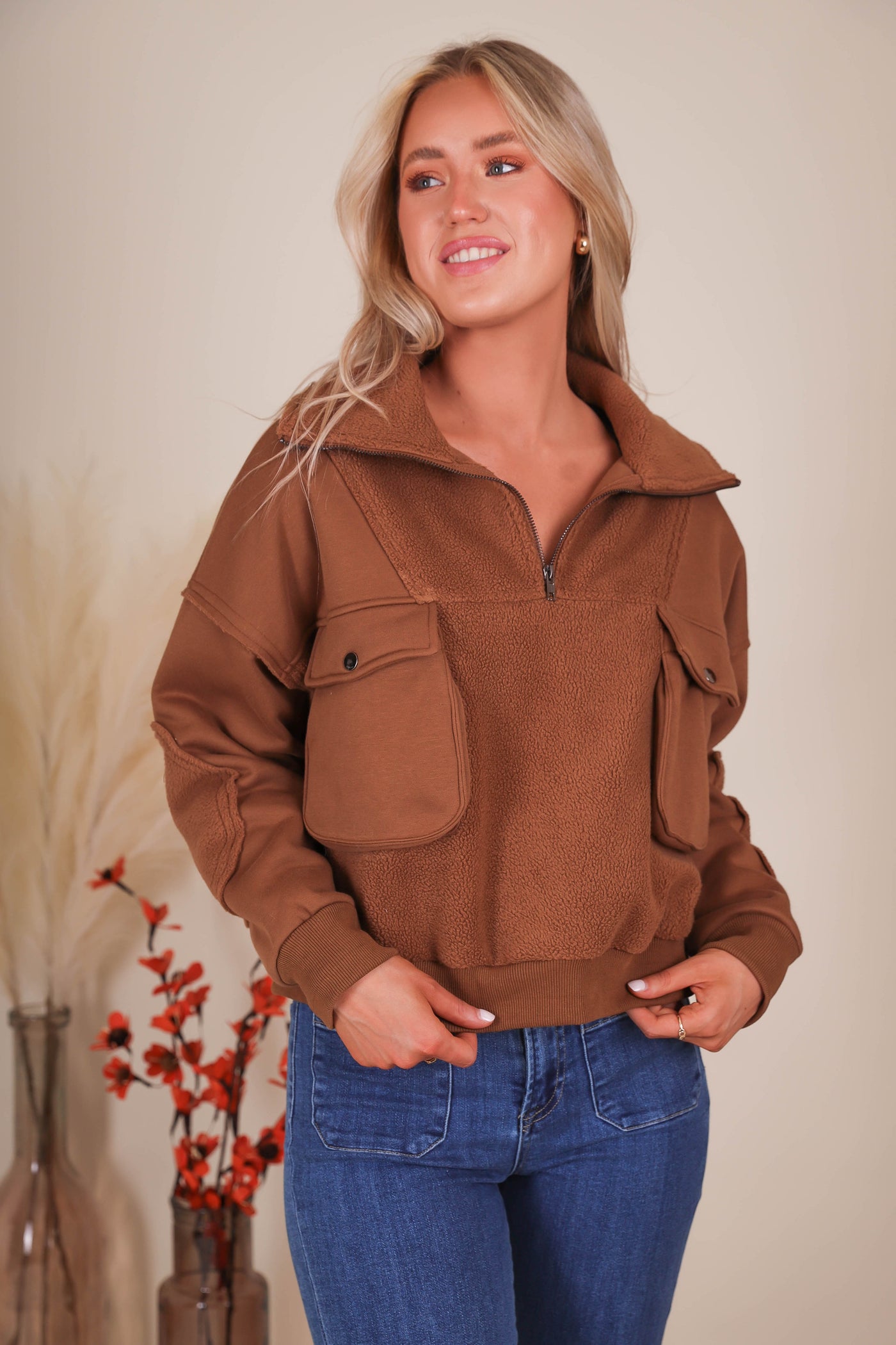 Women's Brown Sherpa Pullover- Quarter Zip Pullover with Chest Pockets
