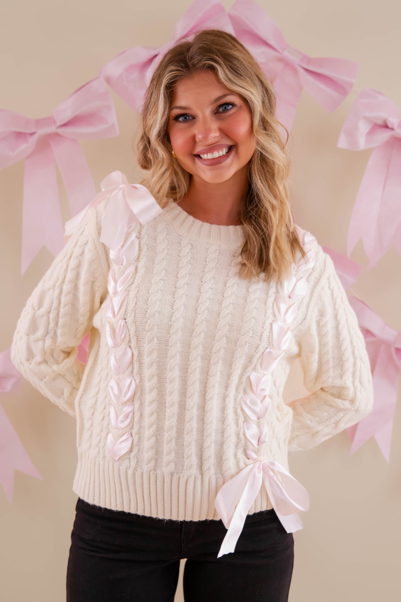Ivory Sweater With Pink Ribbon- Cable Knit Ribbon Sweater For Women- LoveShack Bow Sweater