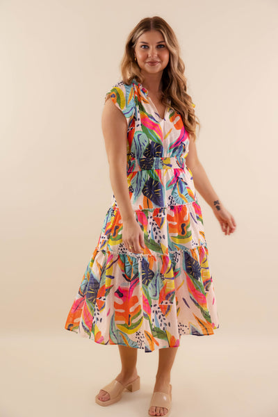 Multi-Color Leaf Print Midi Dress- Women's Vacation Dresses- Umgee Midi Dress