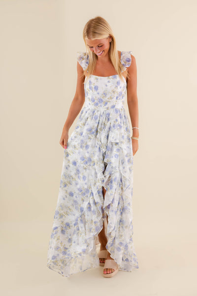 Blue Rose Printed Dress-High-Low Maxi Dress- Storia Floral Print Dress