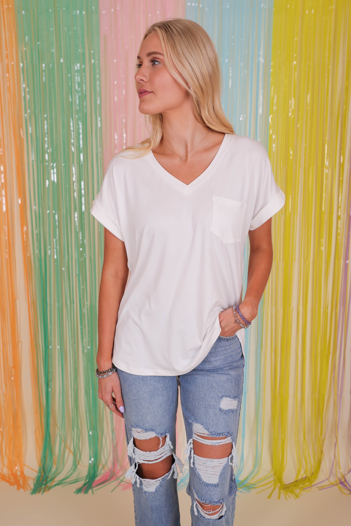 Women's Basic White Tee- White V-Neck Shirt- Women's Pocket Tee