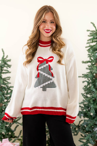 Classic Red Bow Christmas Tree Sweater- Elegant Christmas Tree Sweater- Main Strip Christmas Sweater