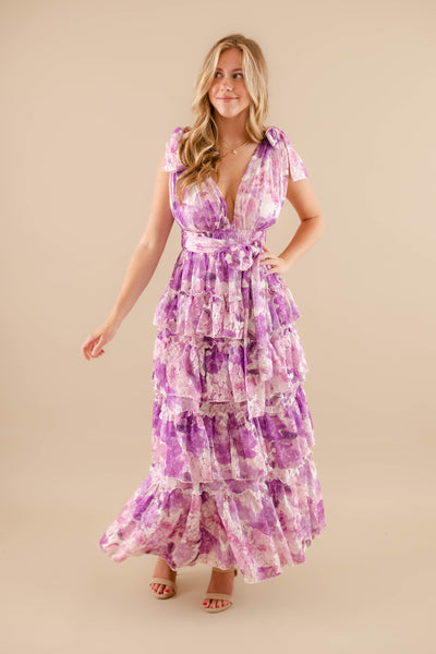 Tiered Formal Maxi Dress- Women's Purple Floral Maxi- Clothing Company Dresses