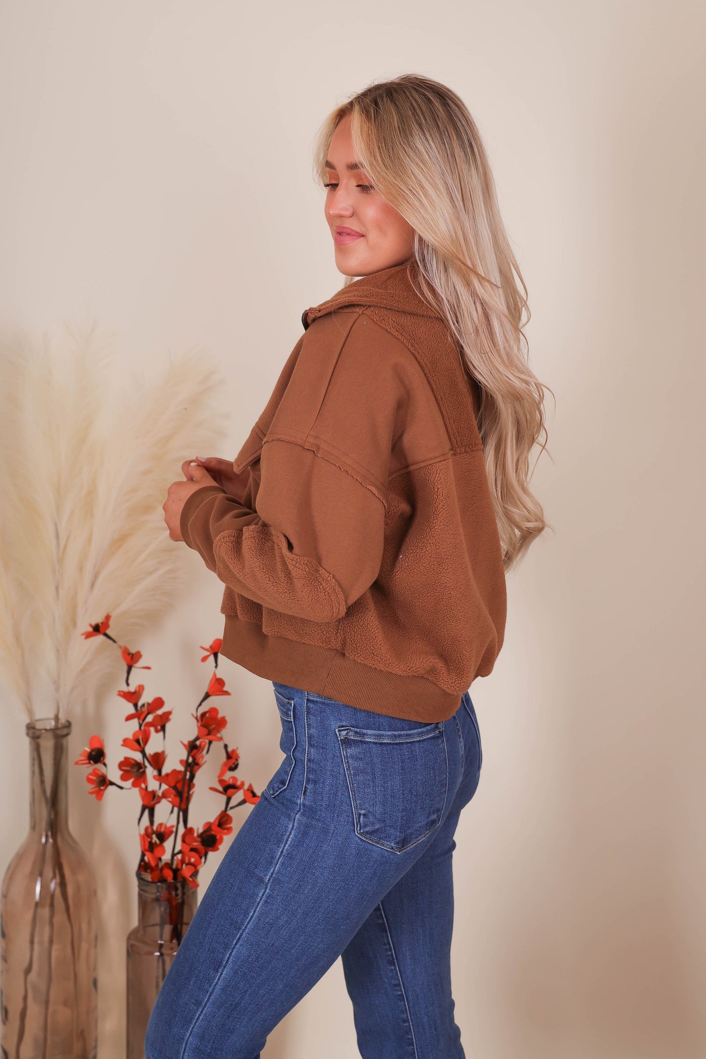 Women's Brown Sherpa Pullover- Quarter Zip Pullover with Chest Pockets