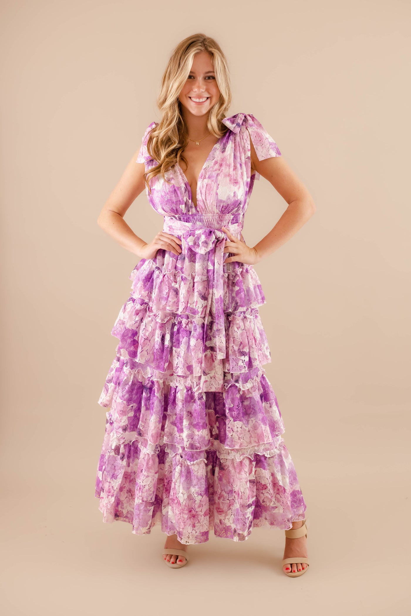 Tiered Formal Maxi Dress- Women's Purple Floral Maxi- Clothing Company Dresses