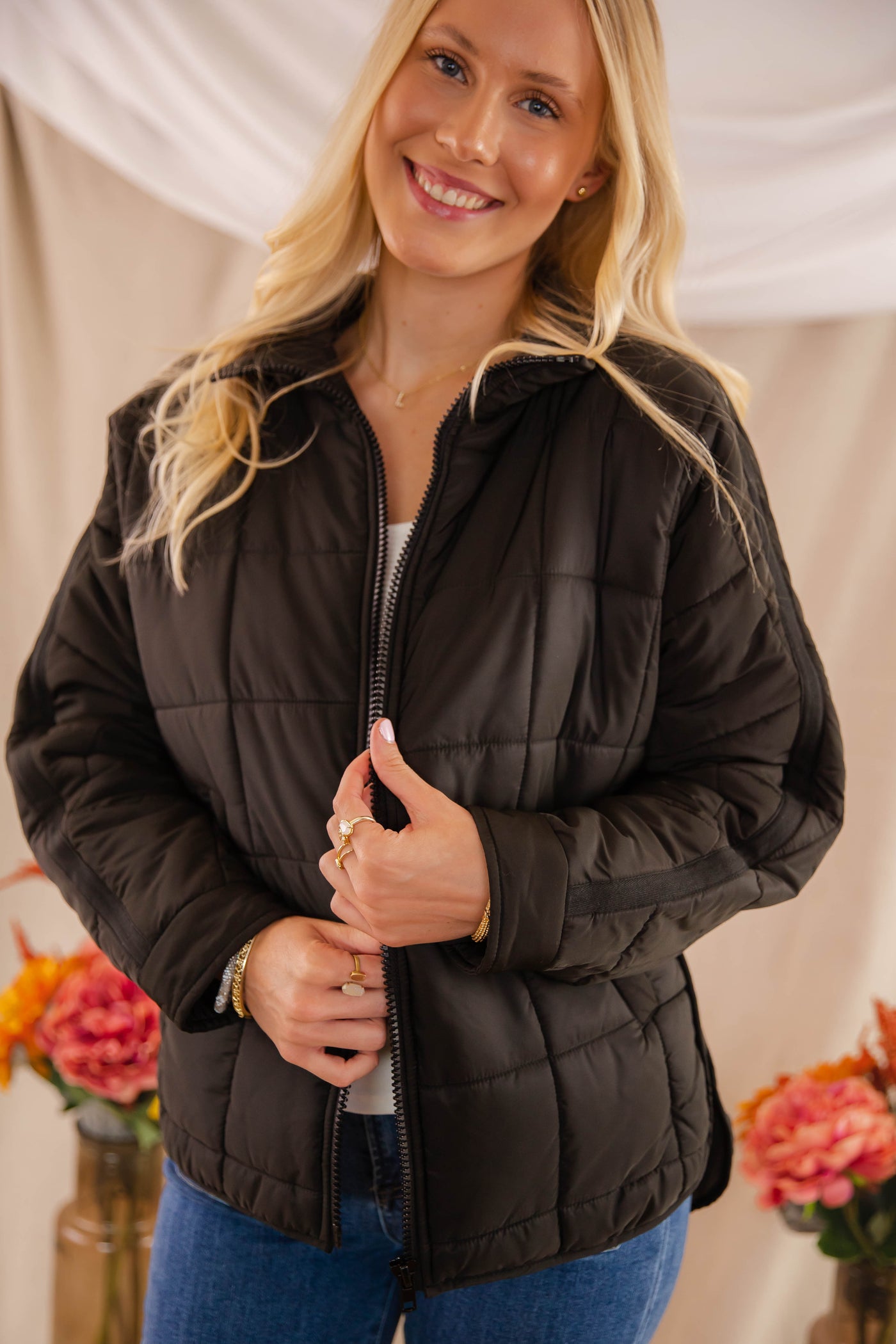 Black Quilted Puffer Jacket- Women's Boxy Fall Jacket- FP Dupe Quilted Jacket