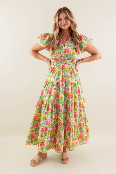 Vibrant Floral Print Maxi Dress- Women's Colorful Maxi Dress- Entro Dresses