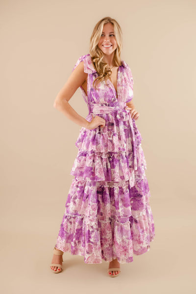 Tiered Formal Maxi Dress- Women's Purple Floral Maxi- Clothing Company Dresses