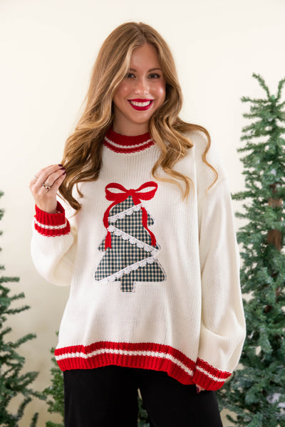 Classic Red Bow Christmas Tree Sweater- Elegant Christmas Tree Sweater- Main Strip Christmas Sweater