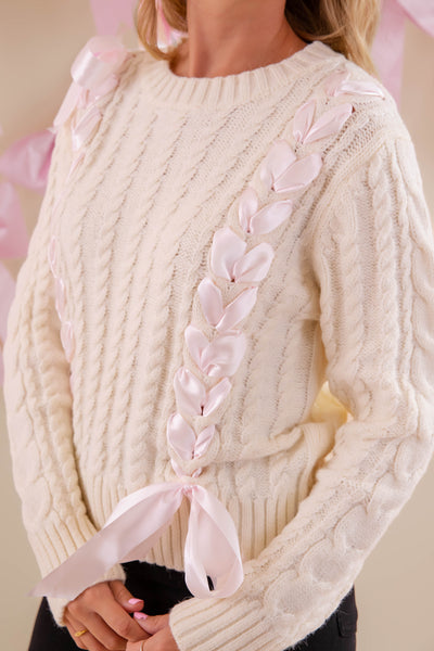 Ivory Sweater With Pink Ribbon- Cable Knit Ribbon Sweater For Women- LoveShack Bow Sweater