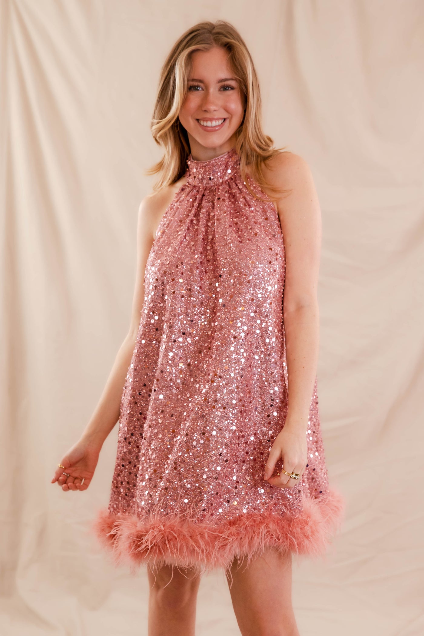 Hot Pink Feather Dress- Women's Pink Sequin Dress- Sequin Feather Dress