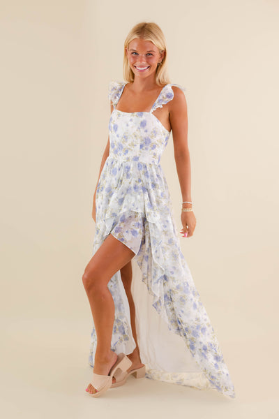 Blue Rose Printed Dress-High-Low Maxi Dress- Storia Floral Print Dress