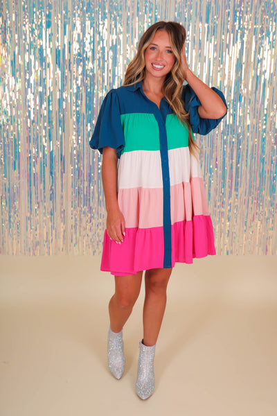 Women's Color Block Dress- Colorful Button Down Dress- Fantastic Fawn Dress
