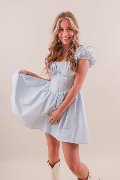 Baby Blue Corset Style Dress- Women's Puff Sleeve Corset Dress- Mable Dresses