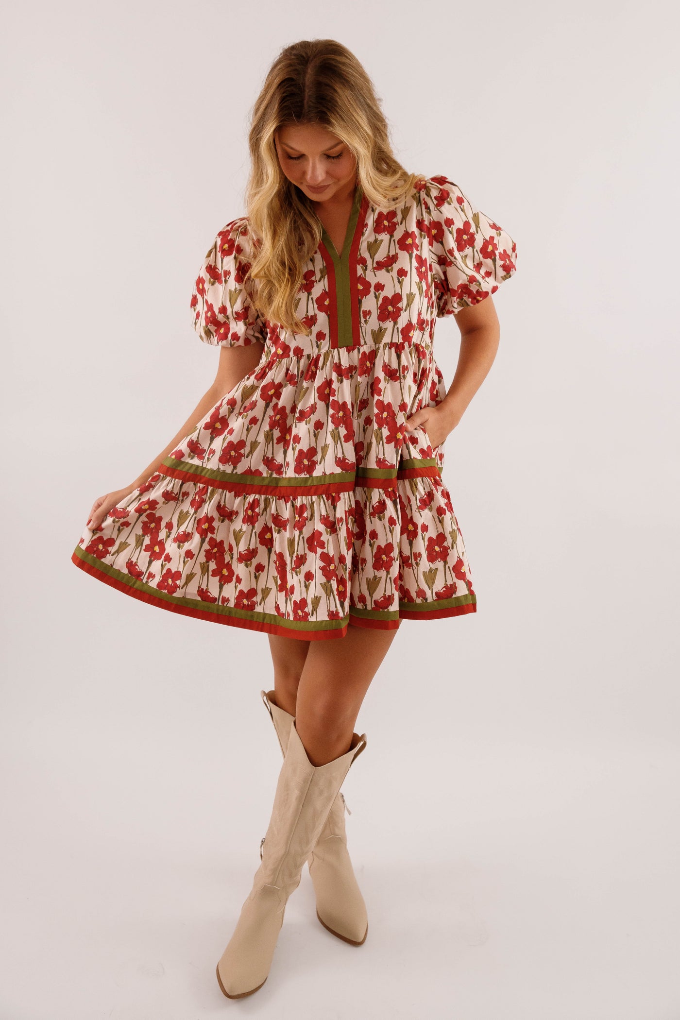Burgundy Floral Print Dress- Women's Short Sleeve Bubble Dress- Women's Entro Dresses