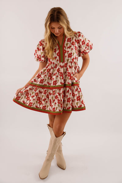 Burgundy Floral Print Dress- Women's Short Sleeve Bubble Dress- Women's Entro Dresses