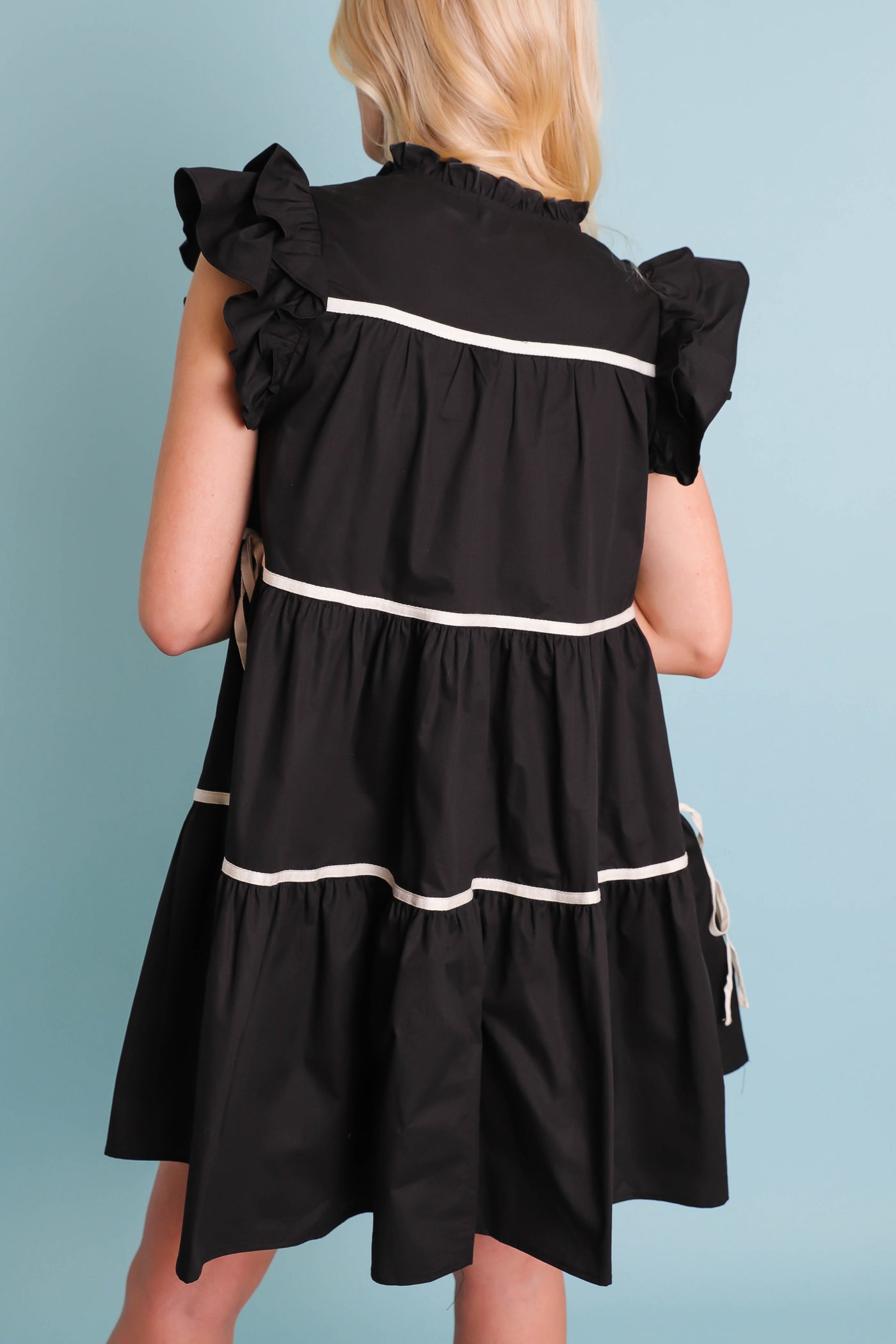 Women's Black Button Down Dress- Chic High End Dress with Ruffle Sleeves- Sofie The Label Dress
