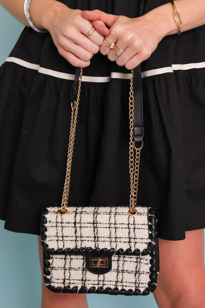 Chic Black and White Tweed Handbag- Handbag with Gold Chain- Urban Expressions Tweed Handbag