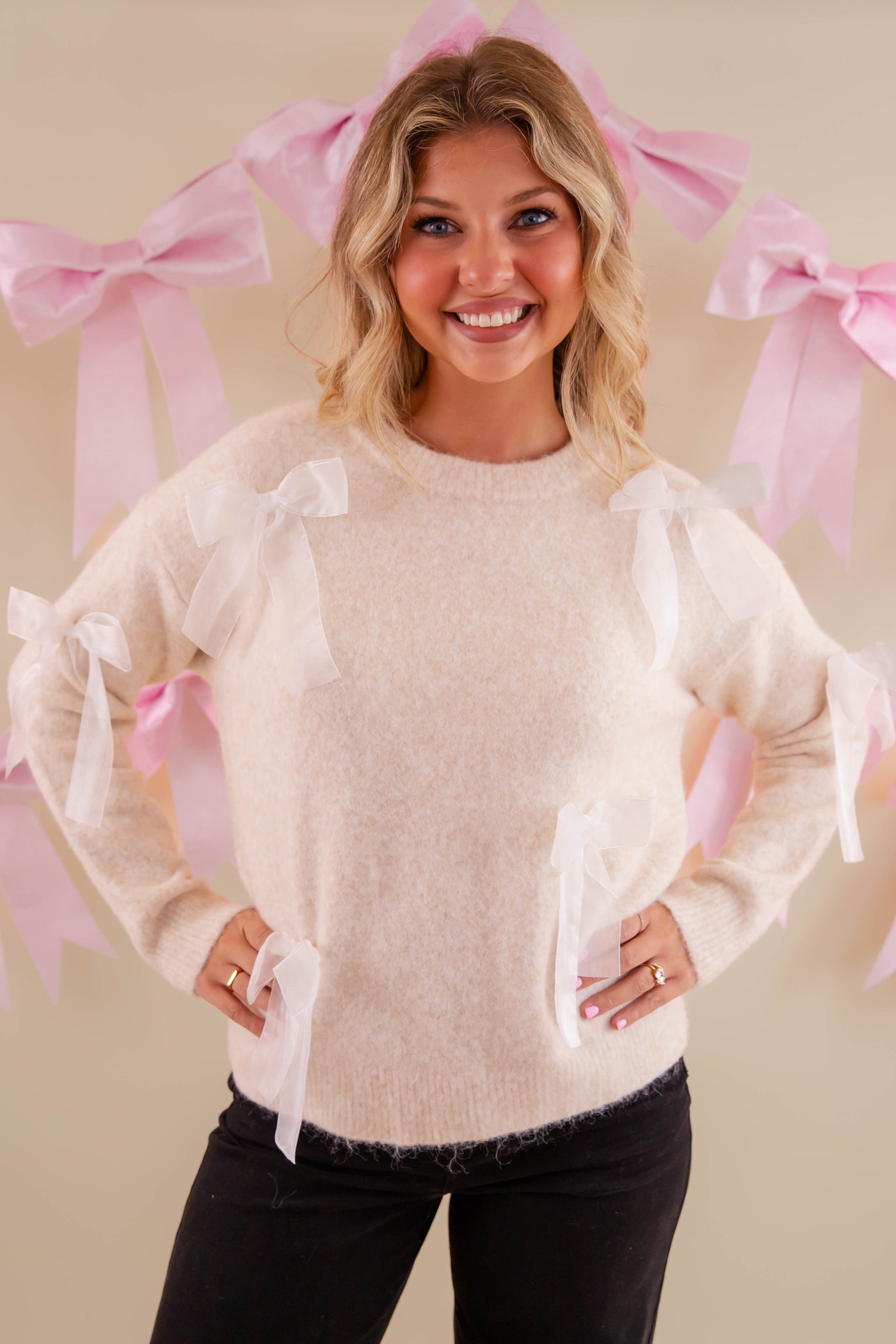 Women's Bow Applique Sweater- Ribbon Bow Sweater- Coquette Bow Sweater