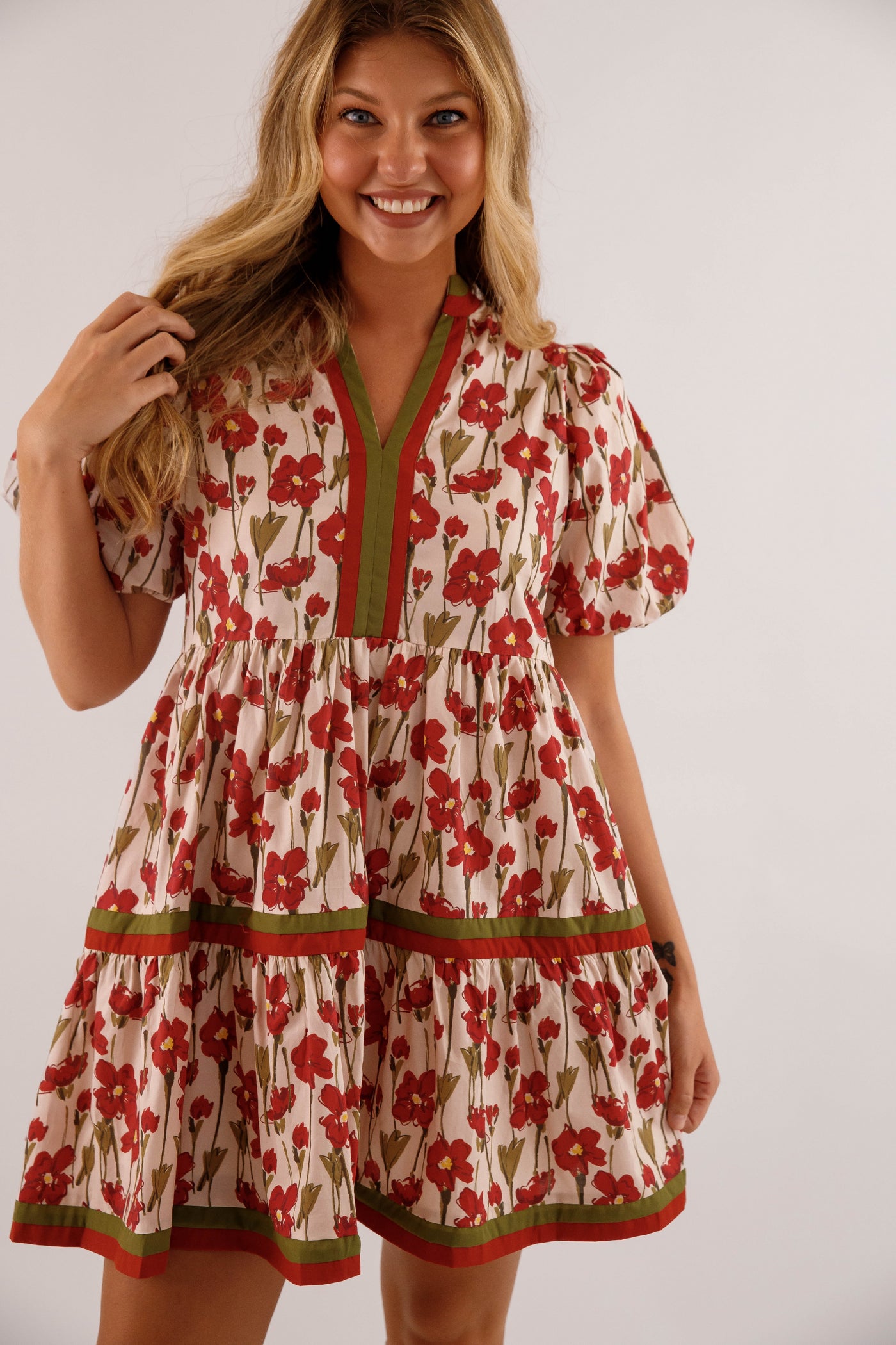 Burgundy Floral Print Dress- Women's Short Sleeve Bubble Dress- Women's Entro Dresses