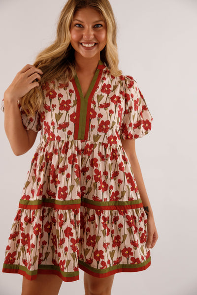 Burgundy Floral Print Dress- Women's Short Sleeve Bubble Dress- Women's Entro Dresses