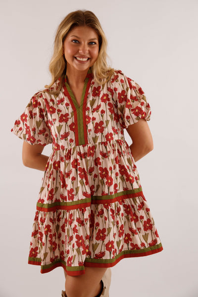 Burgundy Floral Print Dress- Women's Short Sleeve Bubble Dress- Women's Entro Dresses
