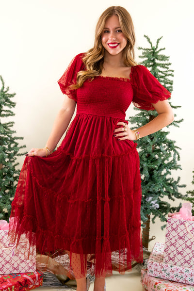 Wine Colored Midi Dress- Tulle Midi Dress- Holiday Party Dress