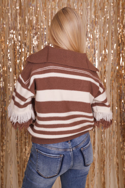 Brown Fringe Sweater- Women's Striped Collar Pullover- Strut&Bolt Sweaters