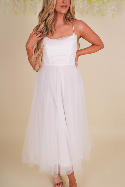 White Tulle Midi Dress- Women's Fancy Tulle Dress- White Tulle Bridal Dresses