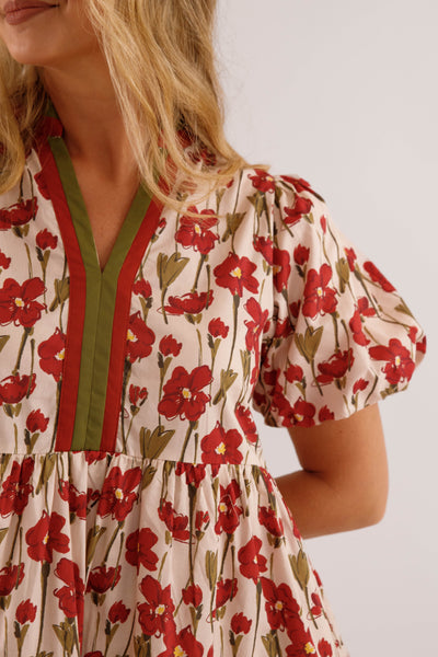 Burgundy Floral Print Dress- Women's Short Sleeve Bubble Dress- Women's Entro Dresses