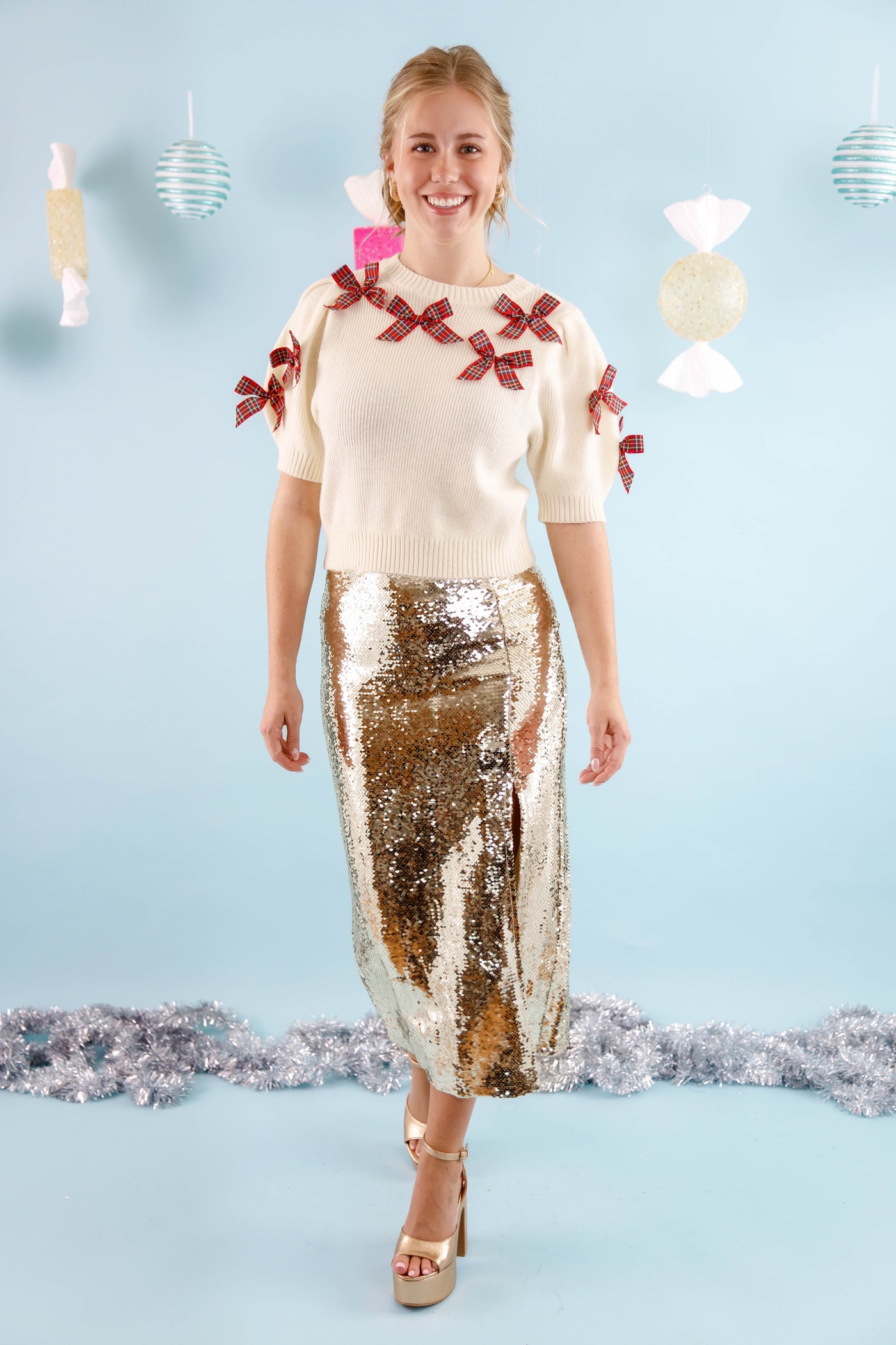 Gold Sequin Midi Skirt- Women's Holiday Outfits- BluPepper Sequin Skirt