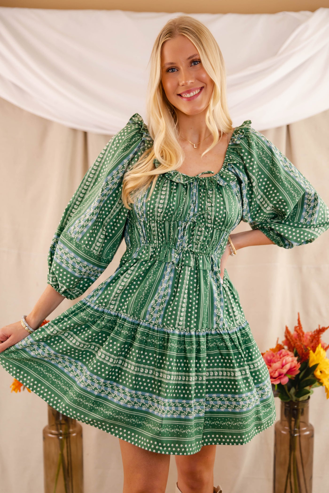 Green Printed Floral Dress- Women's Fall Dresses- Entro Green Print Dress