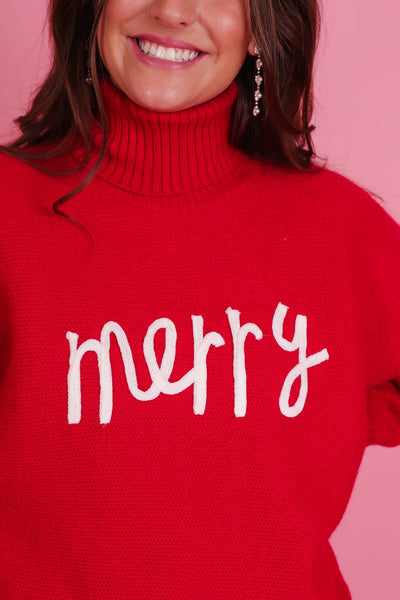 Merry Knit Red Sweater- Women's Classy Christmas Sweaters- Women's Preppy Christmas Tops