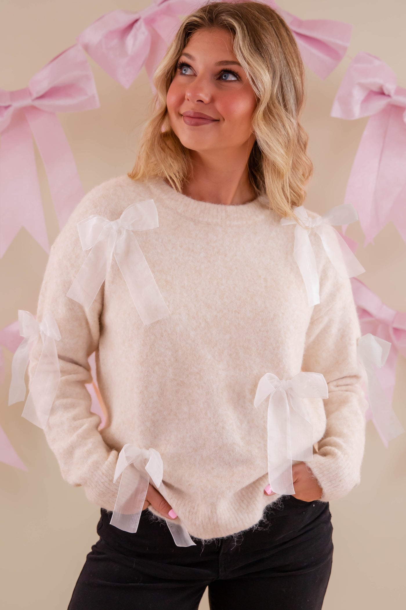 Women's Bow Applique Sweater- Ribbon Bow Sweater- Coquette Bow Sweater