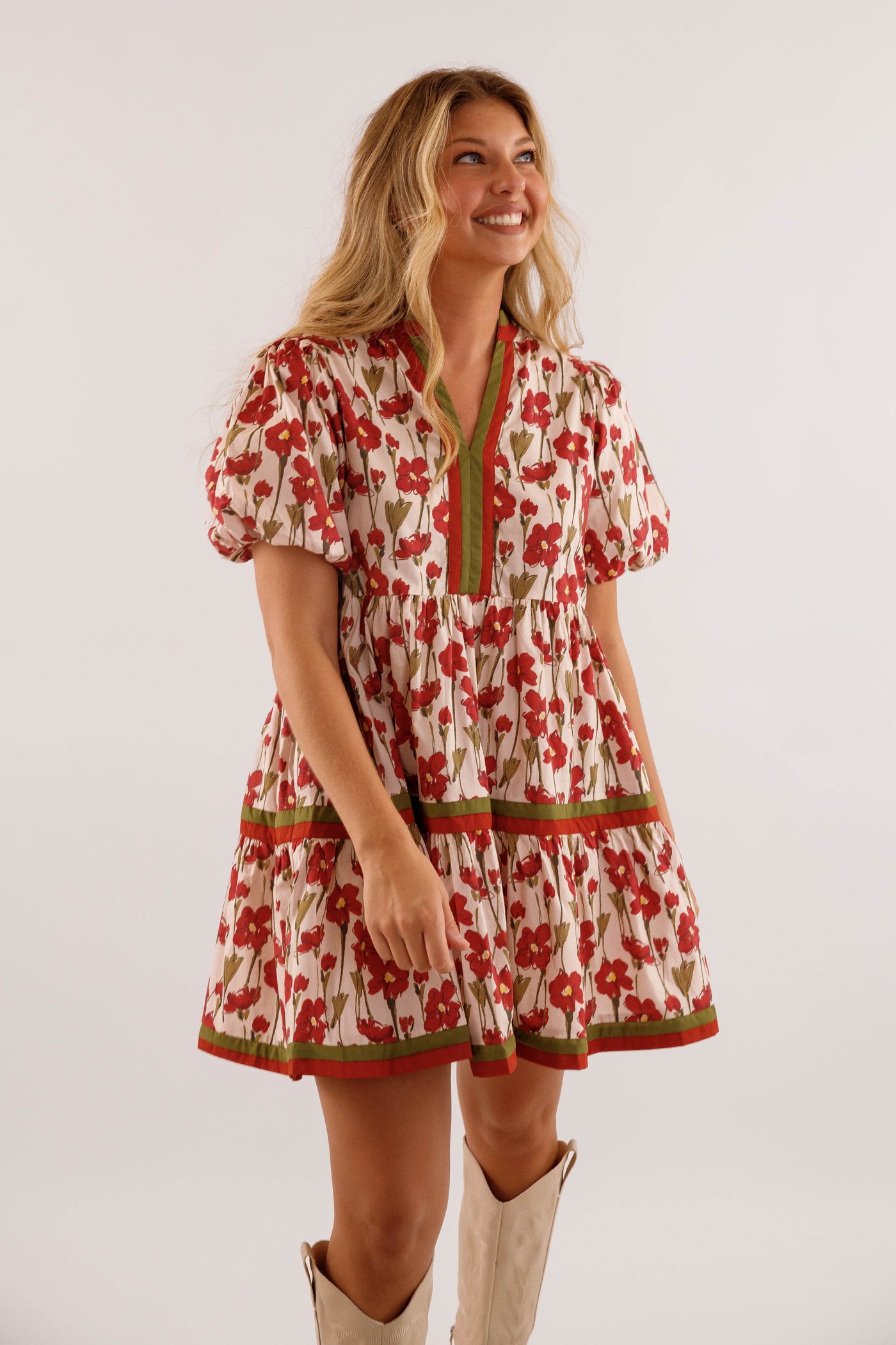 Burgundy Floral Print Dress- Women's Short Sleeve Bubble Dress- Women's Entro Dresses