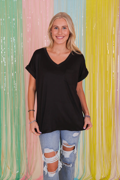 Women's Basic Black Tee- Black V-Neck Shirt- Women's Black Pocket Tee