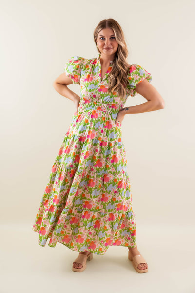 Vibrant Floral Print Maxi Dress- Women's Colorful Maxi Dress- Entro Dresses