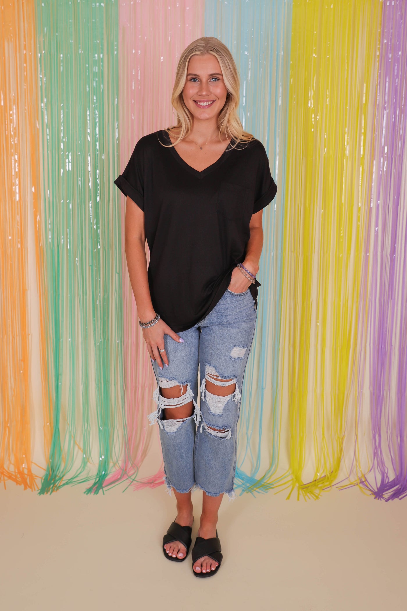 Women's Basic Black Tee- Black V-Neck Shirt- Women's Black Pocket Tee