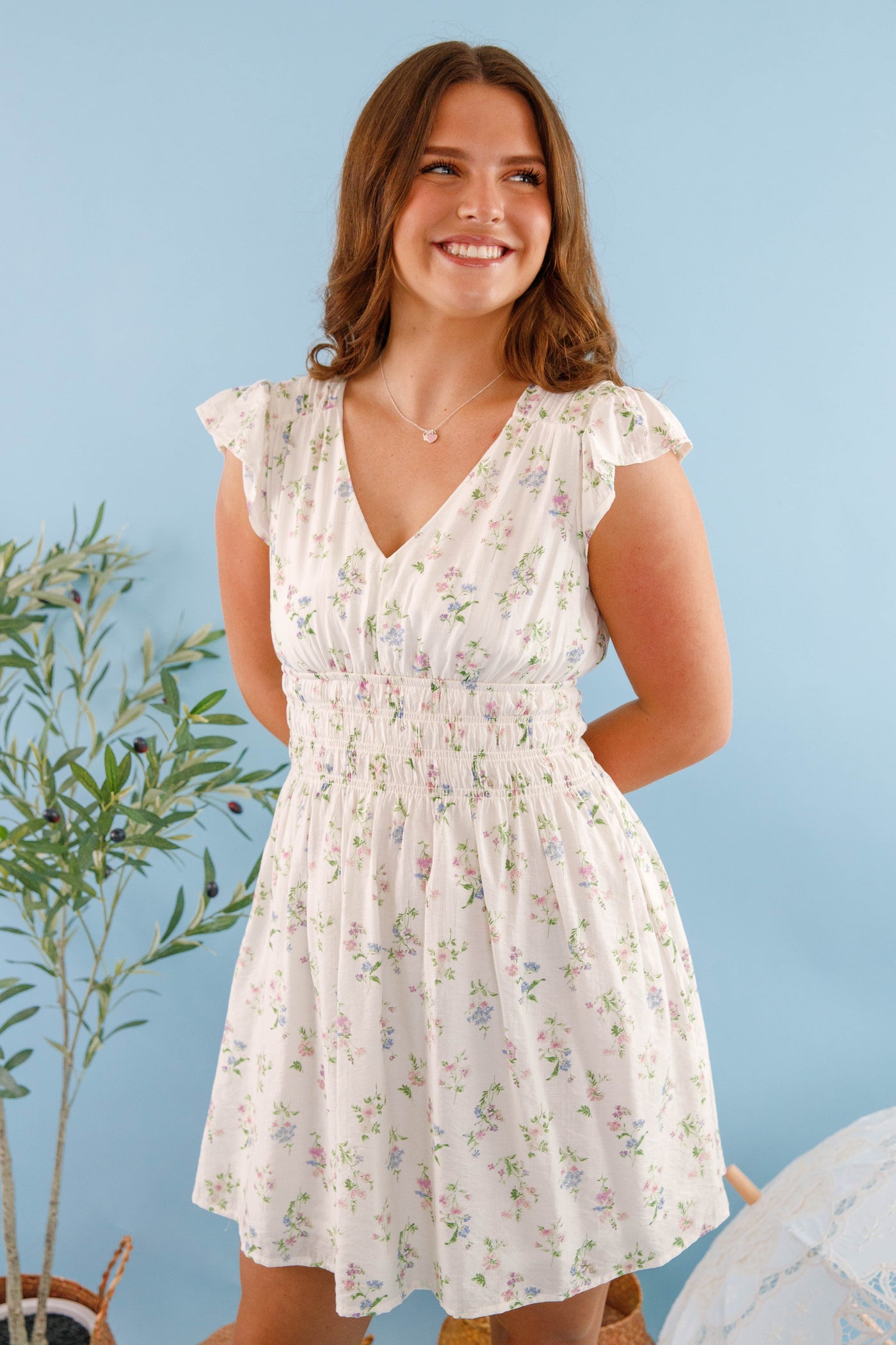Short White Floral Dress- Flower Print Mini Dress