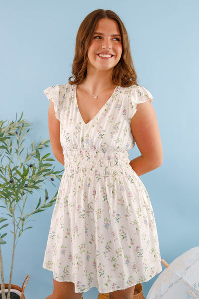 Short White Floral Dress- Flower Print Mini Dress