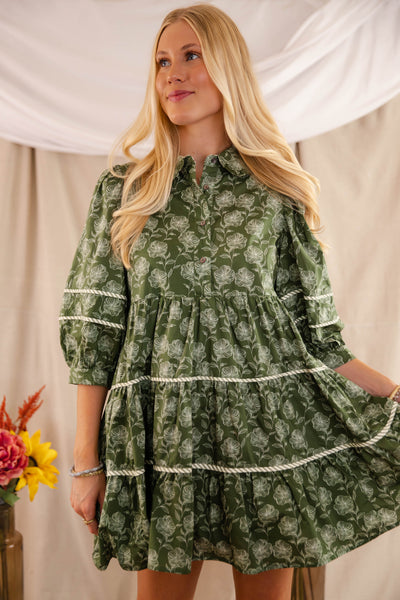 Olive Floral Print Dress- Women's Fall Dress- Entro Olive Dress