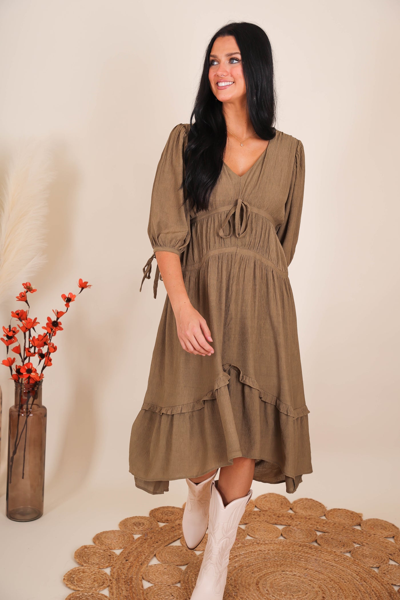 Olive Green Midi Dress- Feminine Midi Dresses- Cottage-Core Style Dresses- &Merci Midi Dress