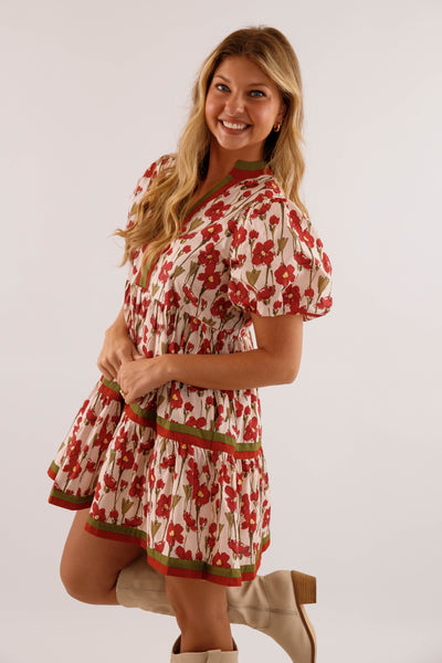 Burgundy Floral Print Dress- Women's Short Sleeve Bubble Dress- Women's Entro Dresses