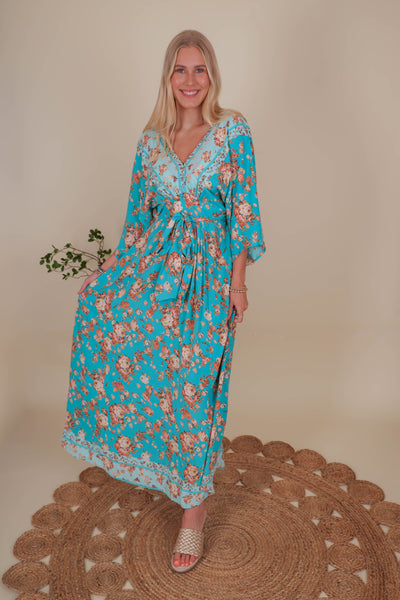 Women's Teal Floral Maxi- Women's Vacation Maxi Dress- Aakaa Maxi Dresses