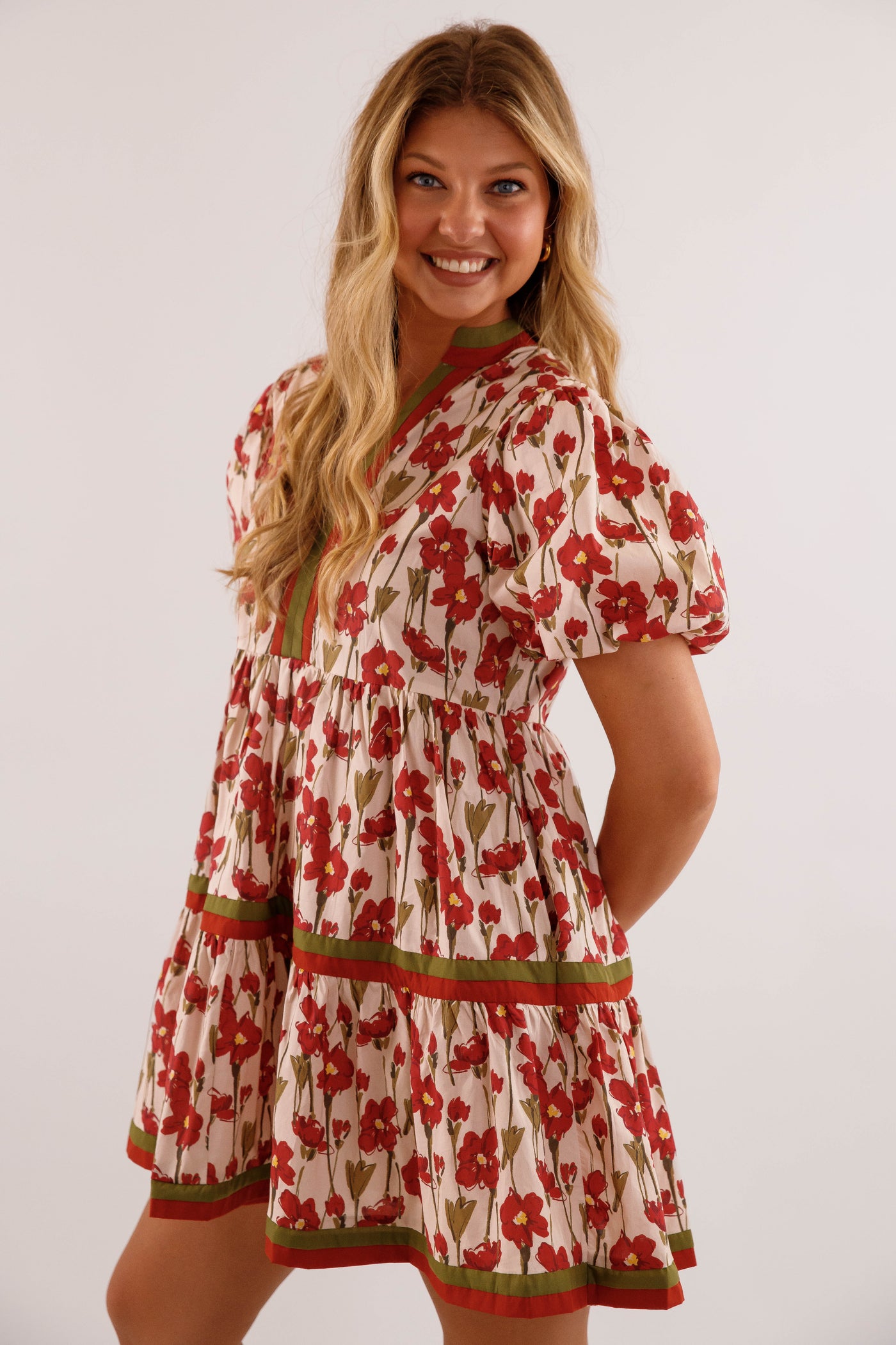 Burgundy Floral Print Dress- Women's Short Sleeve Bubble Dress- Women's Entro Dresses