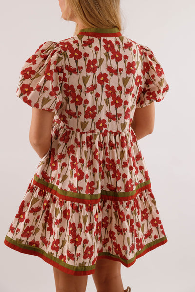 Burgundy Floral Print Dress- Women's Short Sleeve Bubble Dress- Women's Entro Dresses