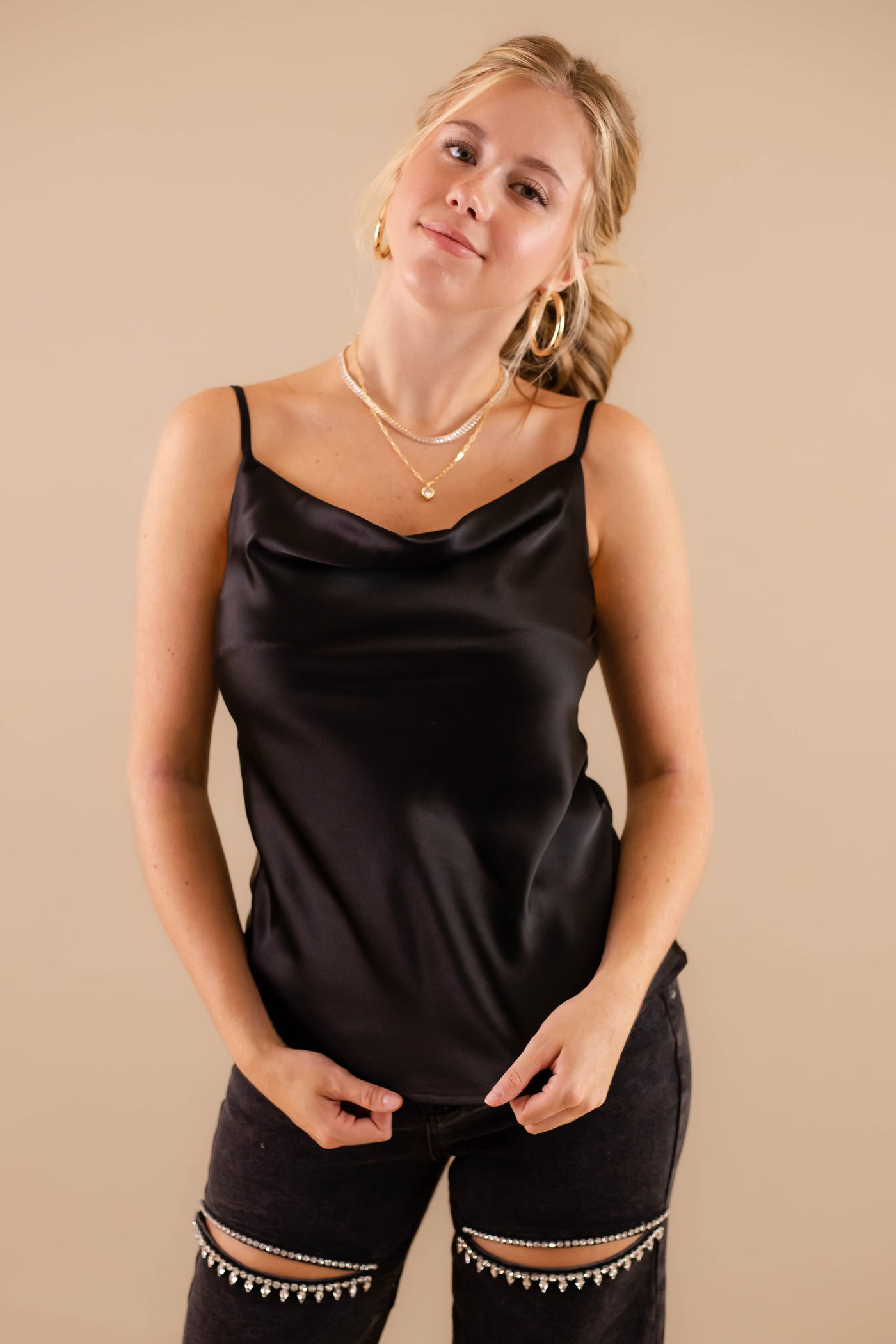 Silky Cowl Neck Tank- Women's Black Satin Top- GLAM Tops