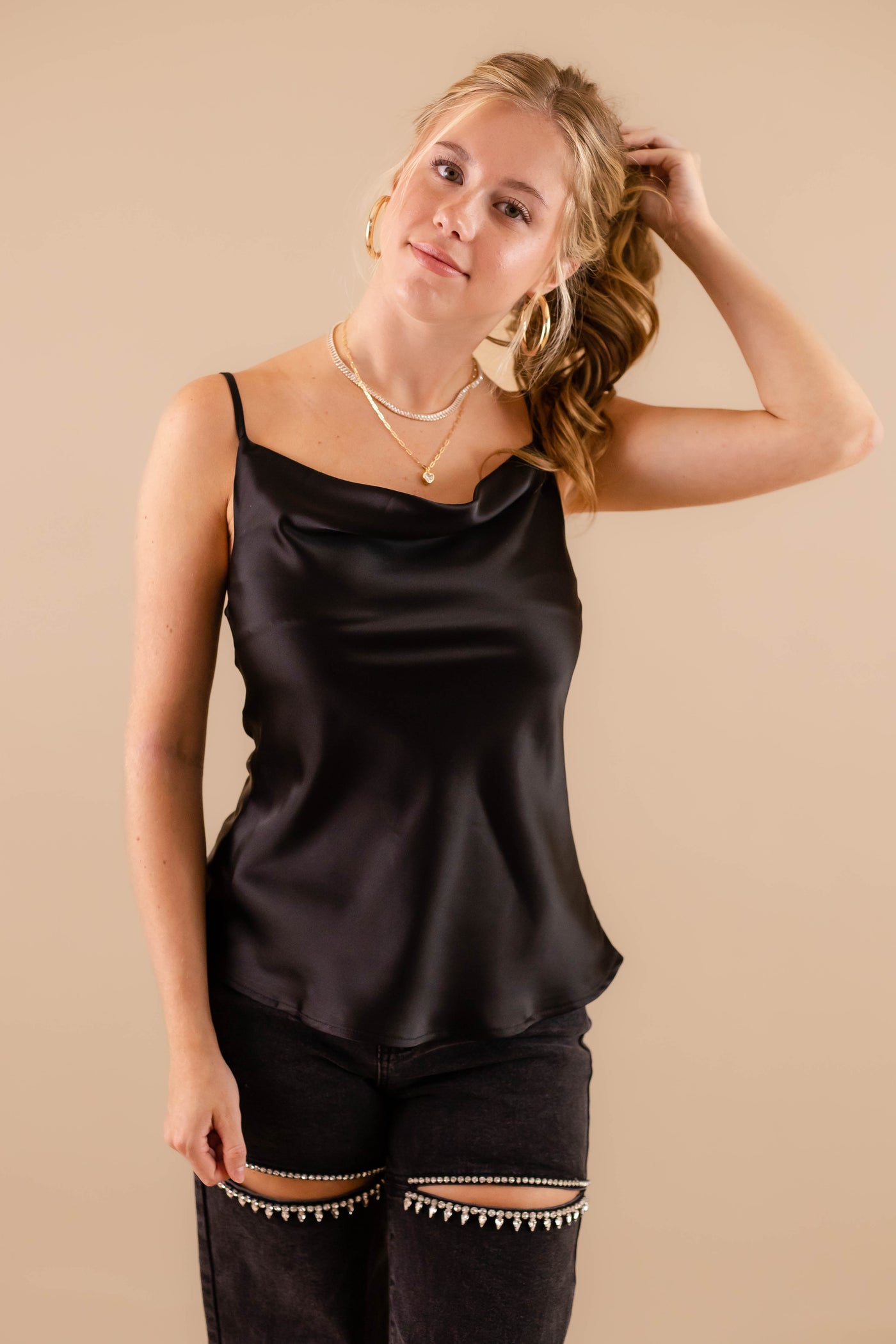 Silky Cowl Neck Tank- Women's Black Satin Top- GLAM Tops