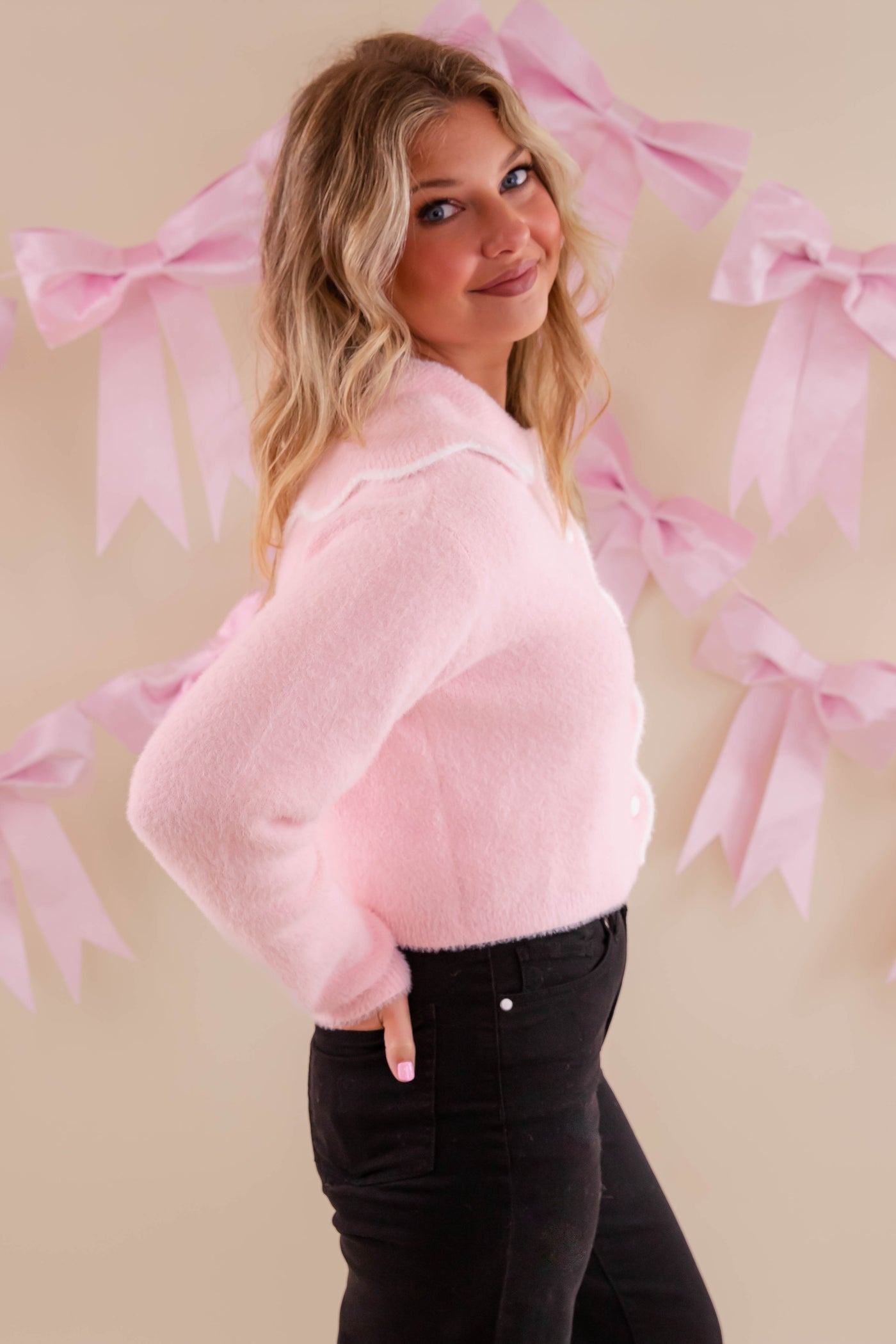 Fuzzy Light Pink Sweater- Scalloped Pink Fuzzy Sweater- Mable Light Pink Sweater