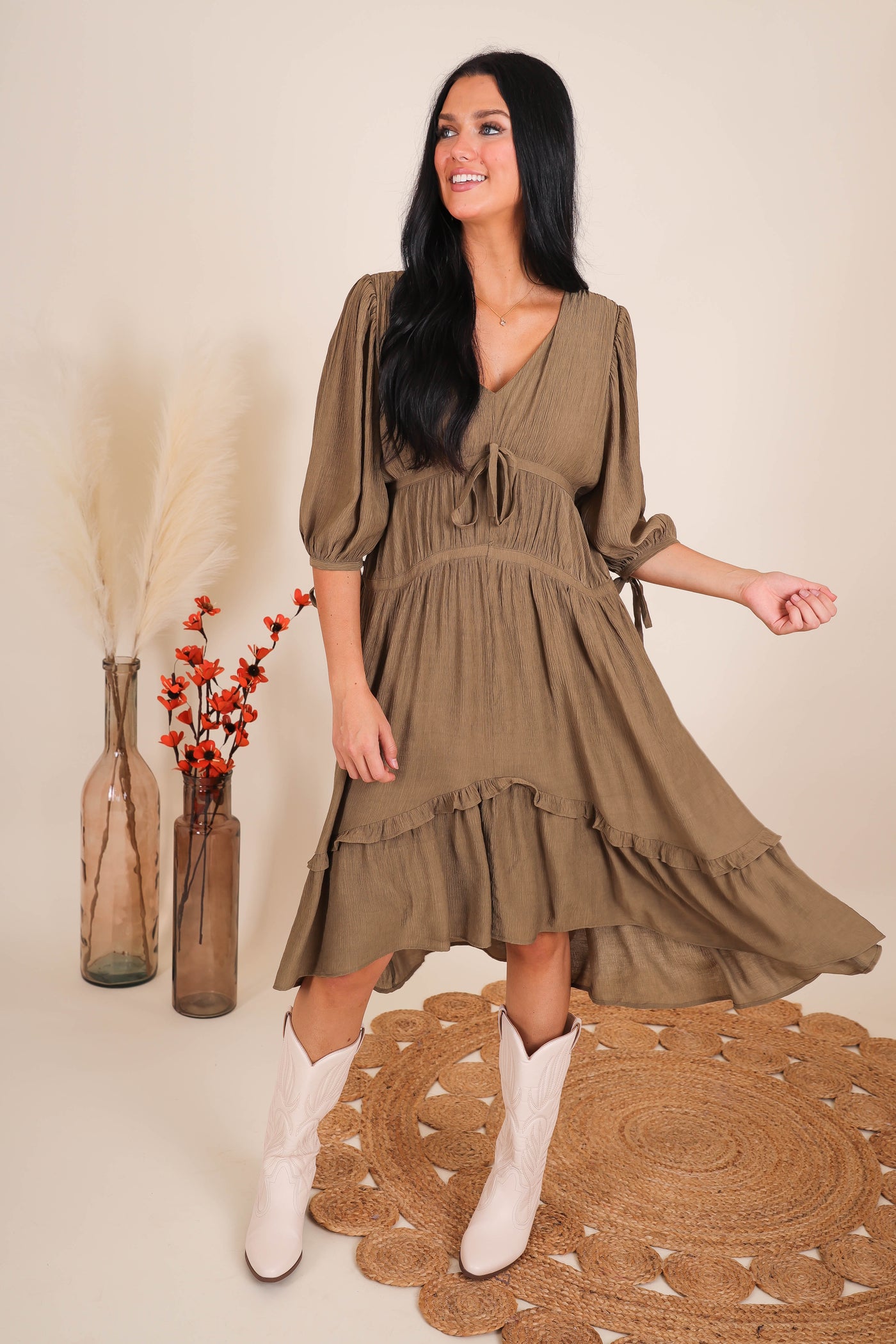 Olive Green Midi Dress- Feminine Midi Dresses- Cottage-Core Style Dresses- &Merci Midi Dress